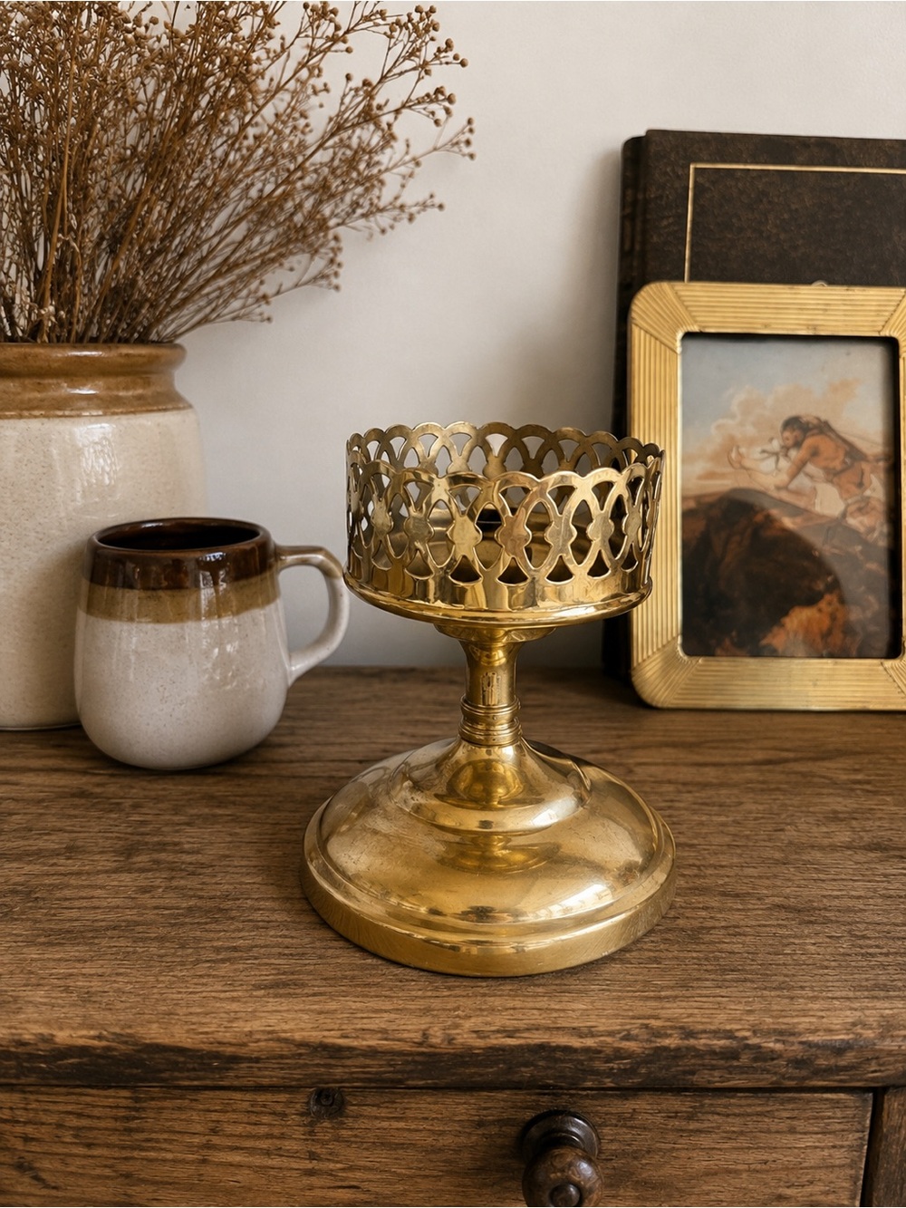 Vintage Gold Pierced Lattice Pedestal Candle Holder